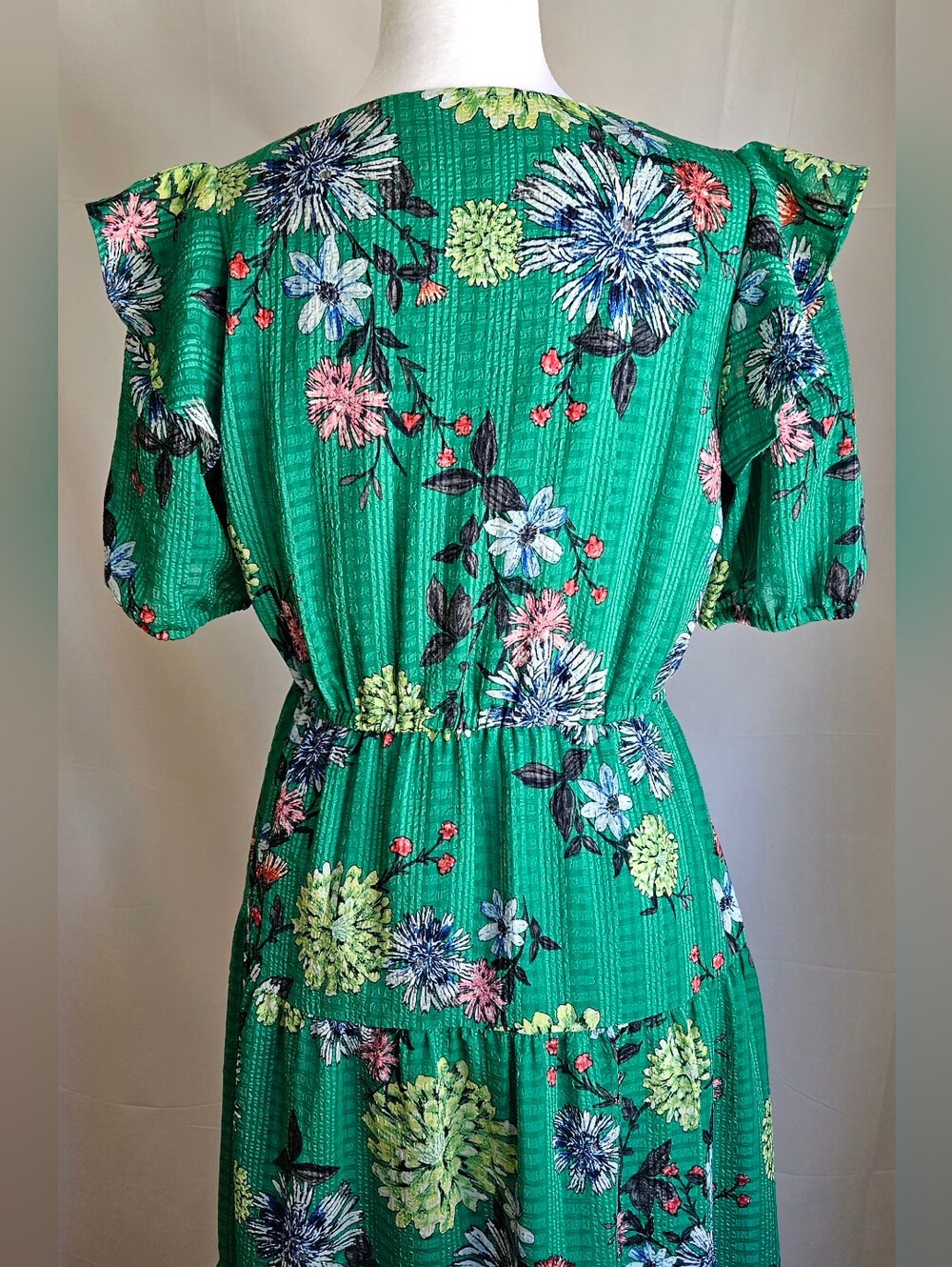 ​LOFT Floral Tiered Midi Dress Green Ruffle Sleeve Size XS - Picture 4 of 16